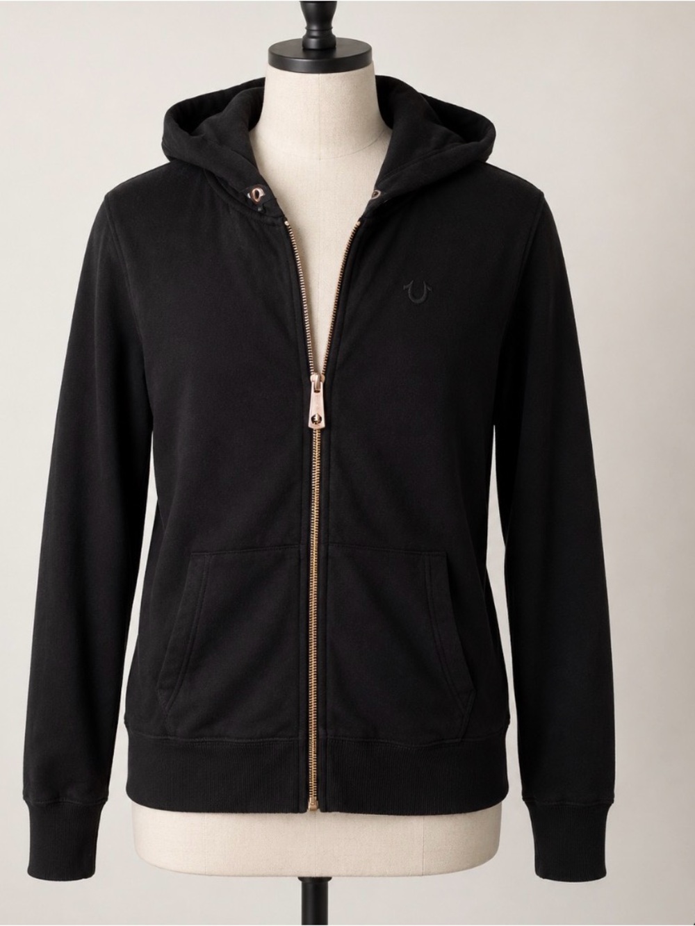 True Religion Women’s Black Zip-Up Hoodie – Rose Gold Accents – Size Large (L)
